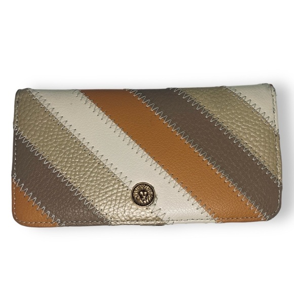 Anne Klein Striped Stitch Detail Bi-fold Wallet in Orange Beige & Gold - Picture 3 of 10